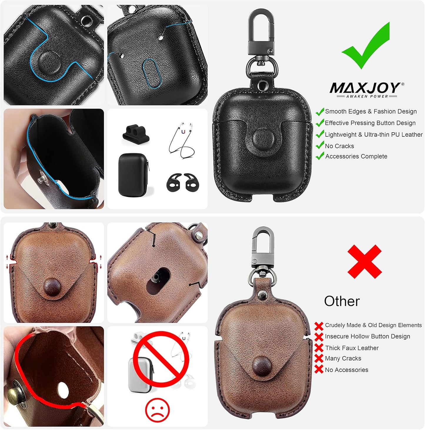 Compatible Airpods Case, Leather Airpods Cover 5 in 1 Protective Case with Keychain/Ear Hooks/Airpods Strap/Watch Band Holder/Earpods Case Compatible with Apple Airpods 2&1 Charging Case, Black