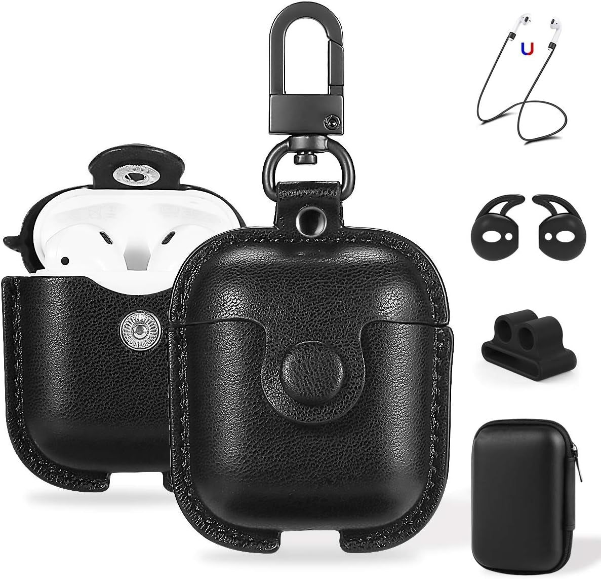 Compatible Airpods Case, Leather Airpods Cover 5 in 1 Protective Case with Keychain/Ear Hooks/Airpods Strap/Watch Band Holder/Earpods Case Compatible with Apple Airpods 2&1 Charging Case, Black