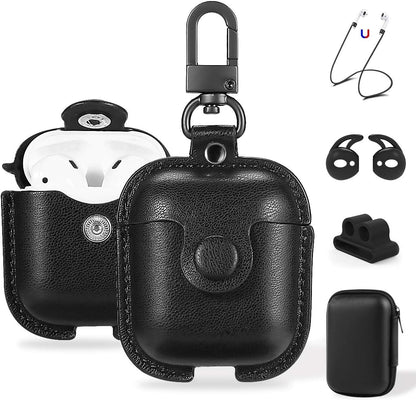 Compatible Airpods Case, Leather Airpods Cover 5 in 1 Protective Case with Keychain/Ear Hooks/Airpods Strap/Watch Band Holder/Earpods Case Compatible with Apple Airpods 2&1 Charging Case, Black