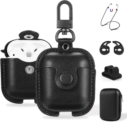 Compatible Airpods Case, Leather Airpods Cover 5 in 1 Protective Case with Keychain/Ear Hooks/Airpods Strap/Watch Band Holder/Earpods Case Compatible with Apple Airpods 2&1 Charging Case, Black